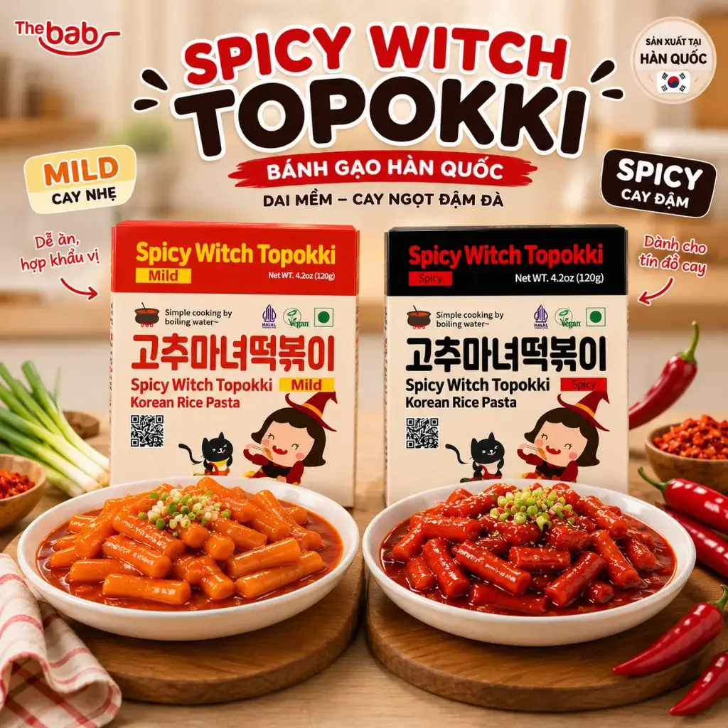 Bánh Gạo Tokbokki Spicy Witch 120g – 2 Vị Mild & Spicy – Hàn Quốc