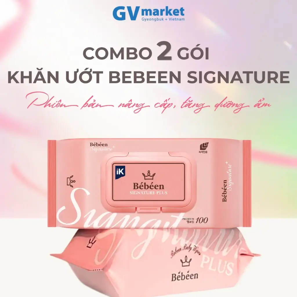 2 Gói Khăn Ướt Cao Cấp BEBEEN Signature Plus 100 Tờ Hàn Quốc Không Cồn Dịu Nhẹ Cho Trẻ Sơ Sinh
