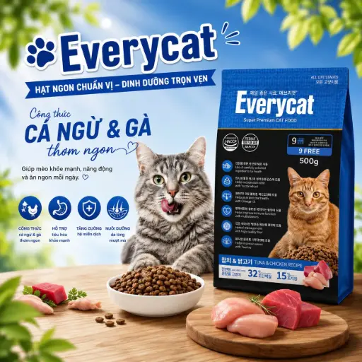  THỨC ĂN HẠT CHO MÈO EVERYCAT CÁ NGỪ & GÀ 500G, ĐẠM 32% DÀNH CHO MÈO MỌI LỨA TUỔI 